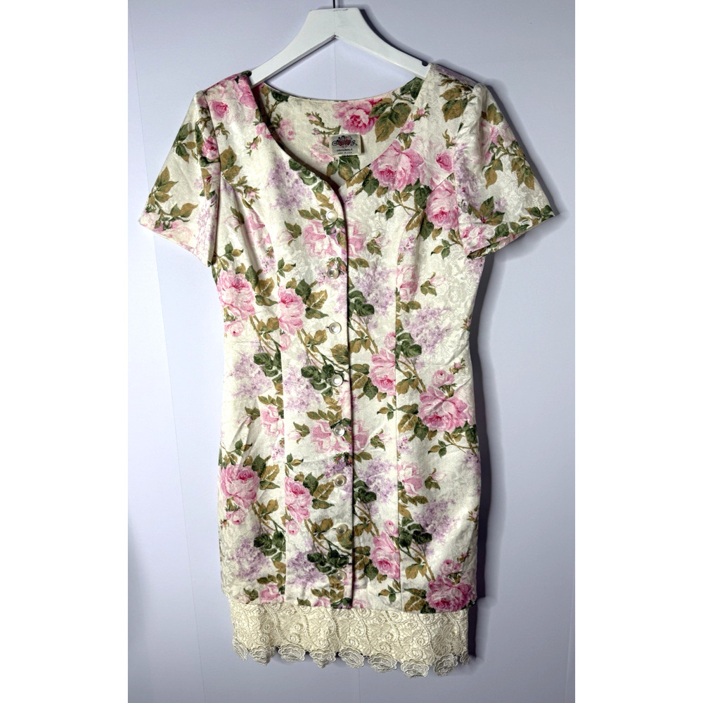 VTG Lanz Originals Sweetheart Neck Shift Dress Floral Lace Size 12 M Cottagecore